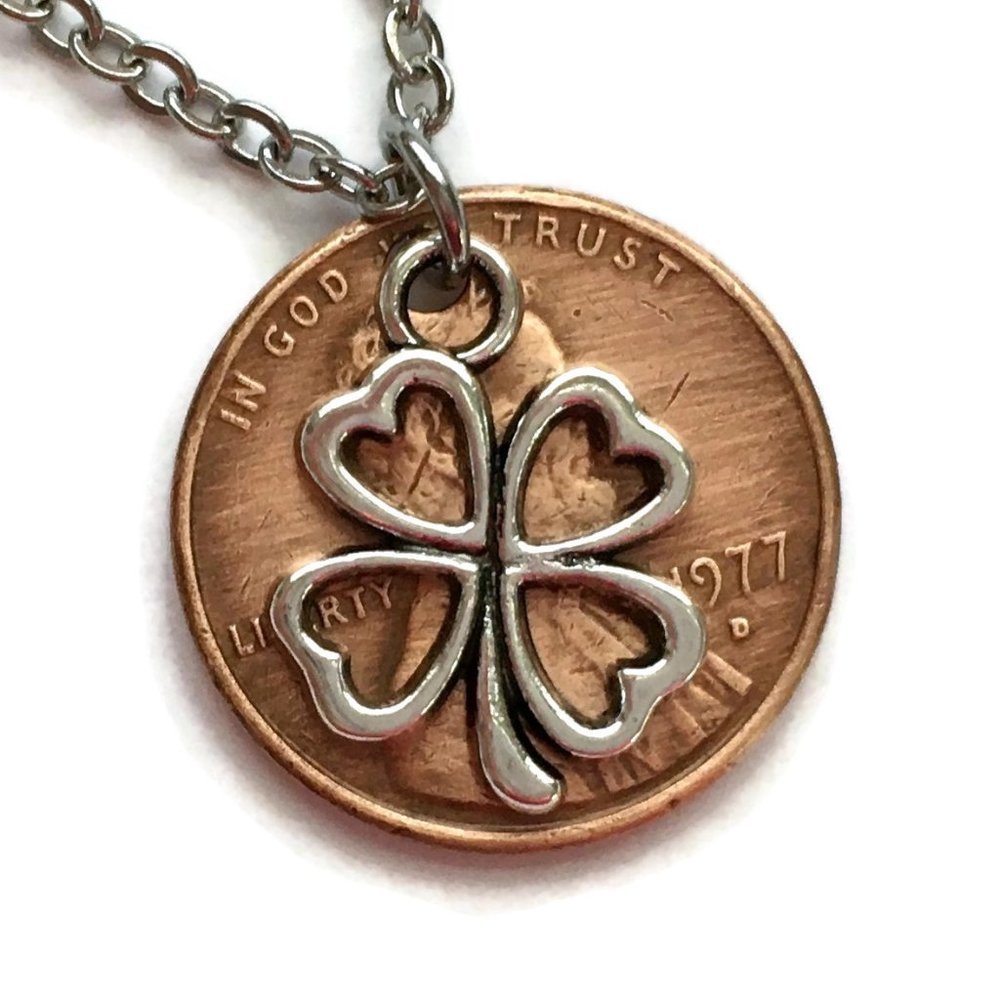 🍀 1970-1979 Lucky Penny Necklace 4 Leaf Clover 🍀 Stainless Steel Coin Unisex